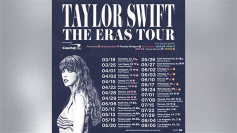Visit Taylor Swift’s official website for more information. Taylor Swift 2024 North American Eras Tour Dates: 10-18 Miami, FL – Hard Rock Stadium. 10-19 Miami, FL – Hard Rock Stadium. 10-20 ...